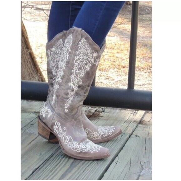 Corral Distressed Brown Cowgirl Boots Bone Embroidery 7.5 Western Cowboy Boho - Picture 2 of 16
